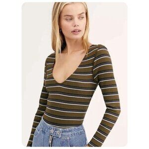 Free People Olive Striped Long Sleeve Top
